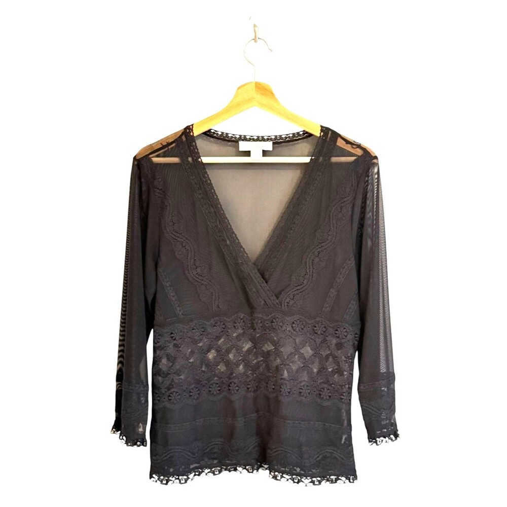 Womens Whimsigoth Black Sheer Mesh Lace Top Size L Boho Witchy Fairy Grunge